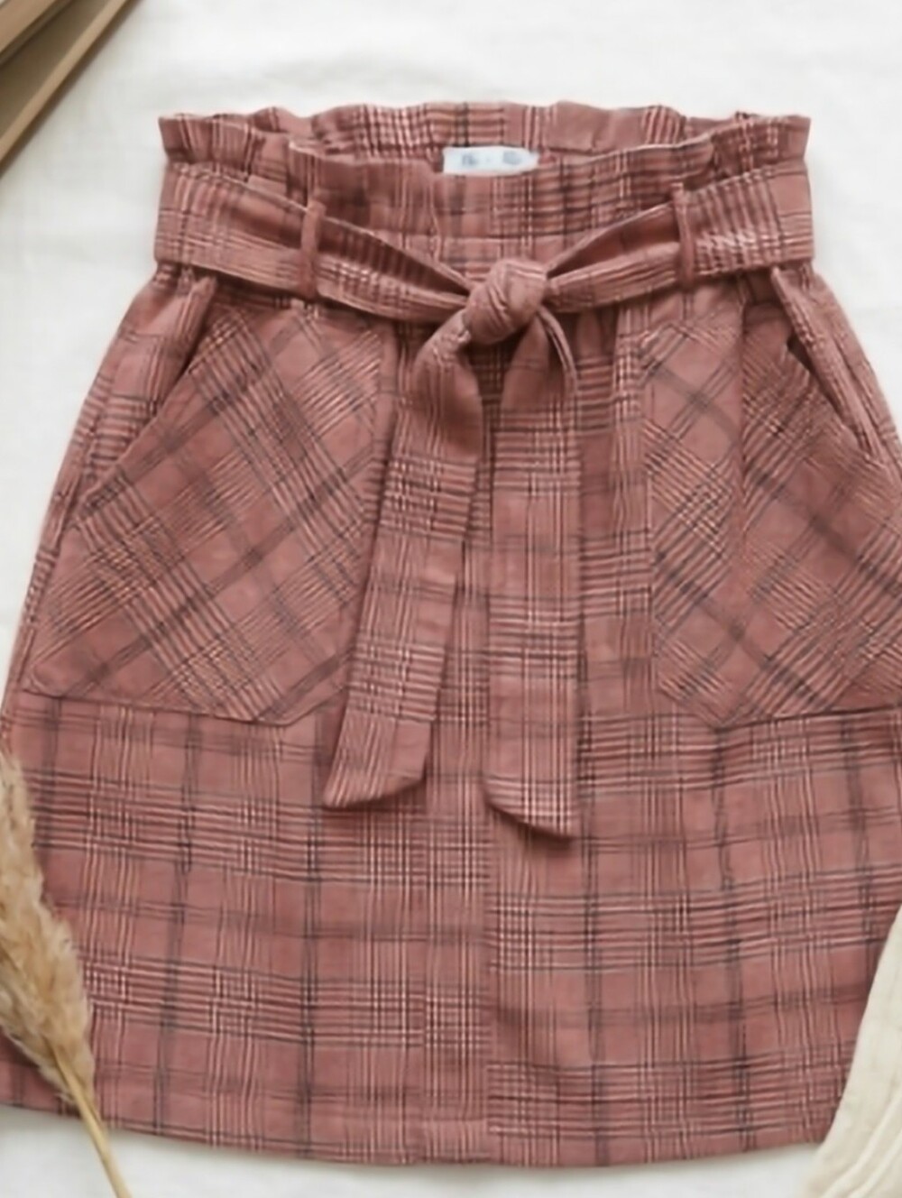 She + Sky Mauve Plaid Tie-Waist Mini Skirt